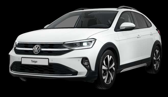 Schräge Frontansicht auf einen Volkswagen Taigo, freigestellt