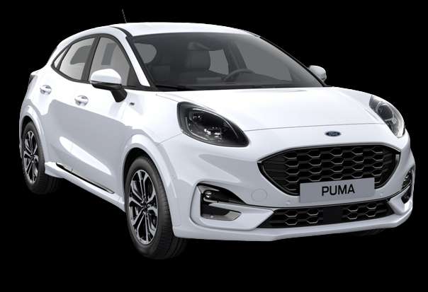 Schräge Frontansicht auf einen Ford Puma, freigestellt