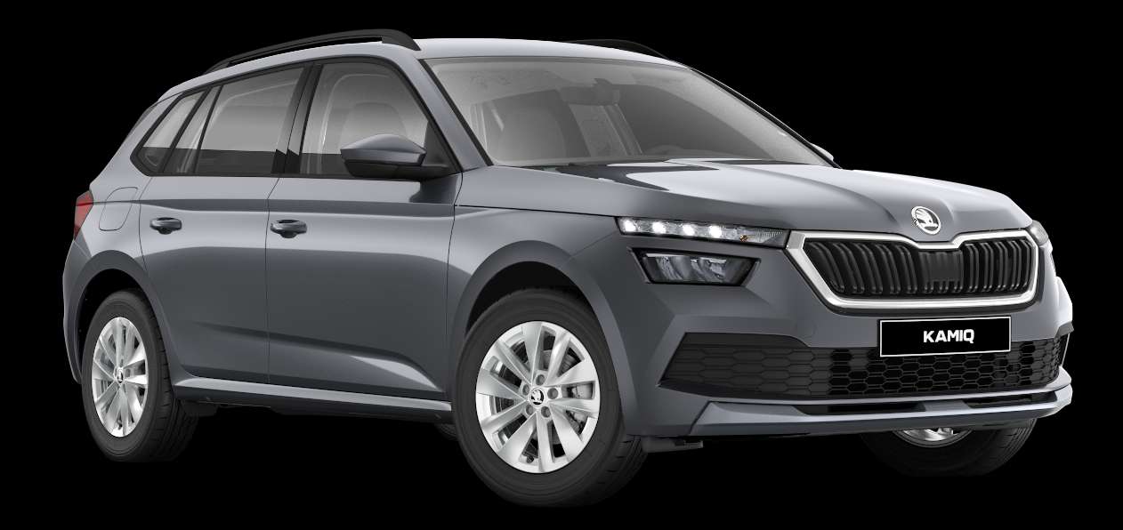 Schräge Frontansicht auf einen Skoda Kamiq, freigestellt
