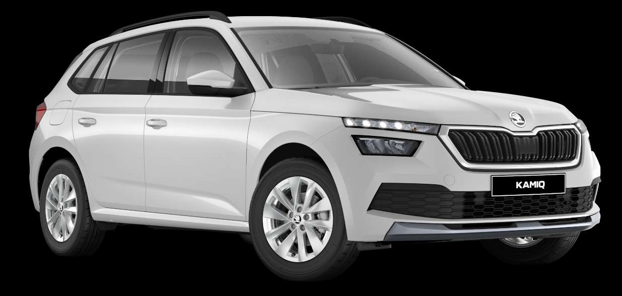 Schräge Frontansicht auf einen Skoda Kamiq, freigestellt