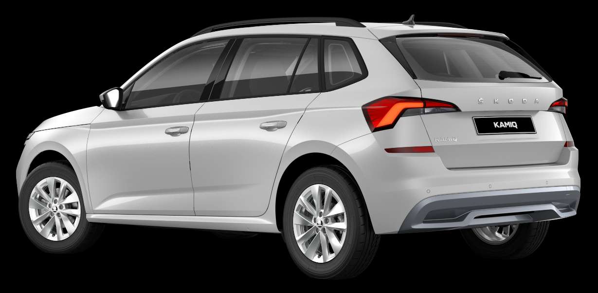 Schräge Heckansicht auf einen Skoda Kamiq, freigestellt