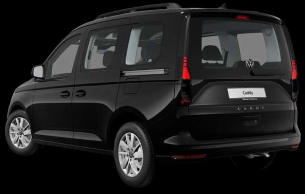 Schräge Heckansicht auf einen Volkswagen Caddy, freigestellt