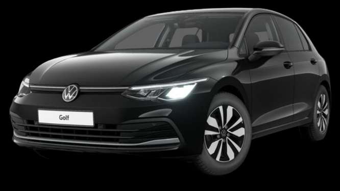 Schräge Frontansicht auf einen Volkswagen Golf, freigestellt