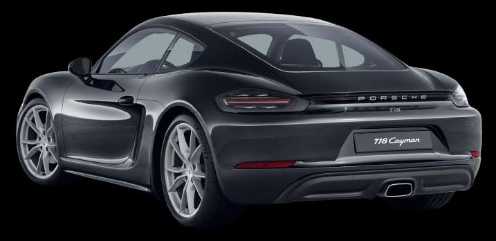 Schräge Heckansicht auf einen Porsche 718, freigestellt