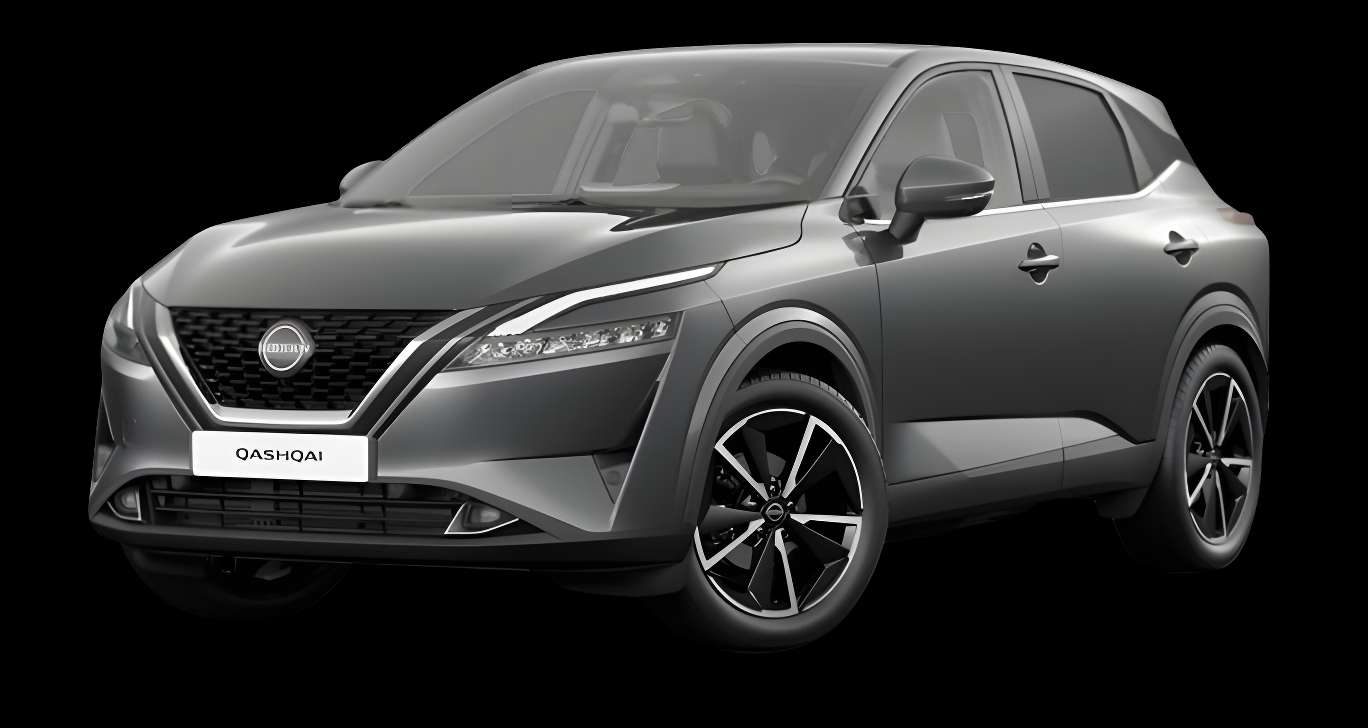 Schräge Frontansicht auf einen Nissan Qashqai, freigestellt