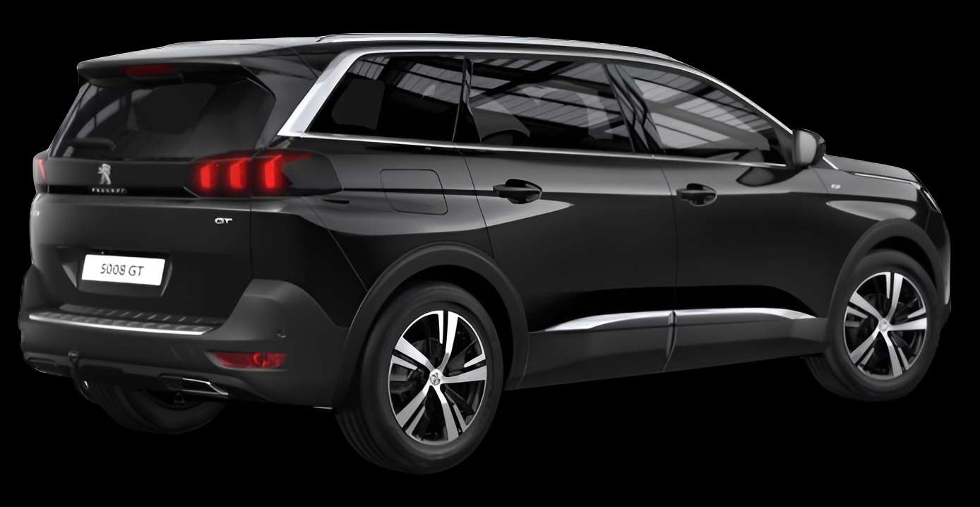 Schräge Heckansicht auf einen Peugeot 5008, freigestellt