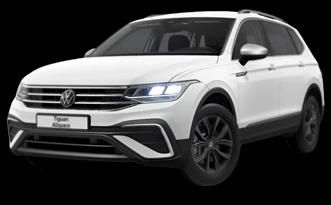 Schräge Frontansicht auf einen Volkswagen Tiguan Allspace, freigestellt