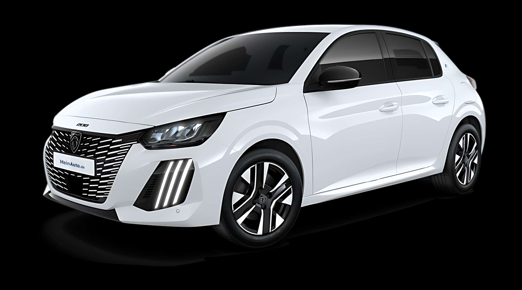 Schräge Frontansicht auf einen Peugeot e-208, freigestellt