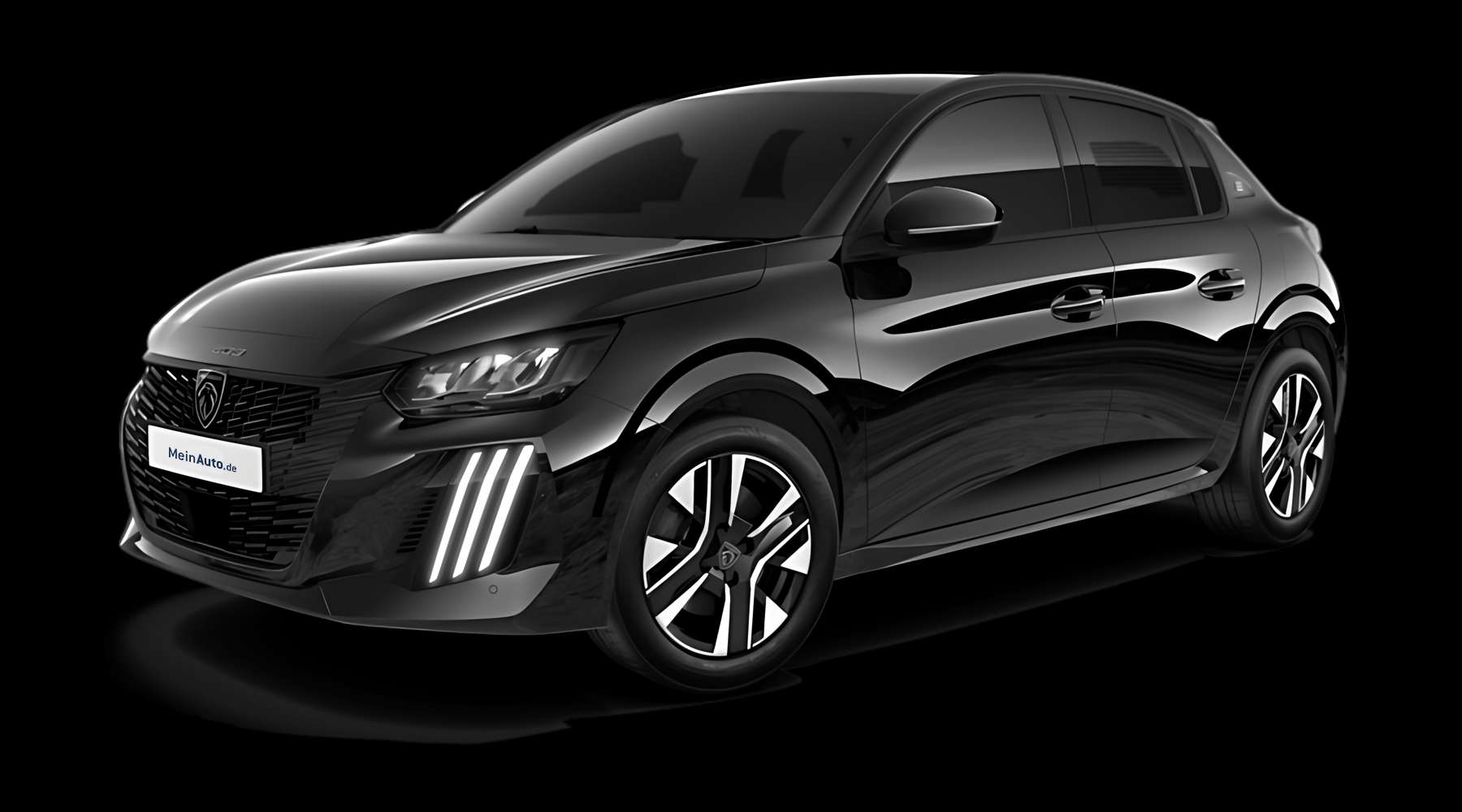 Schräge Frontansicht auf einen Peugeot e-208, freigestellt