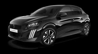 Schräge Frontansicht auf einen Peugeot e-208 Allure, freigestellt