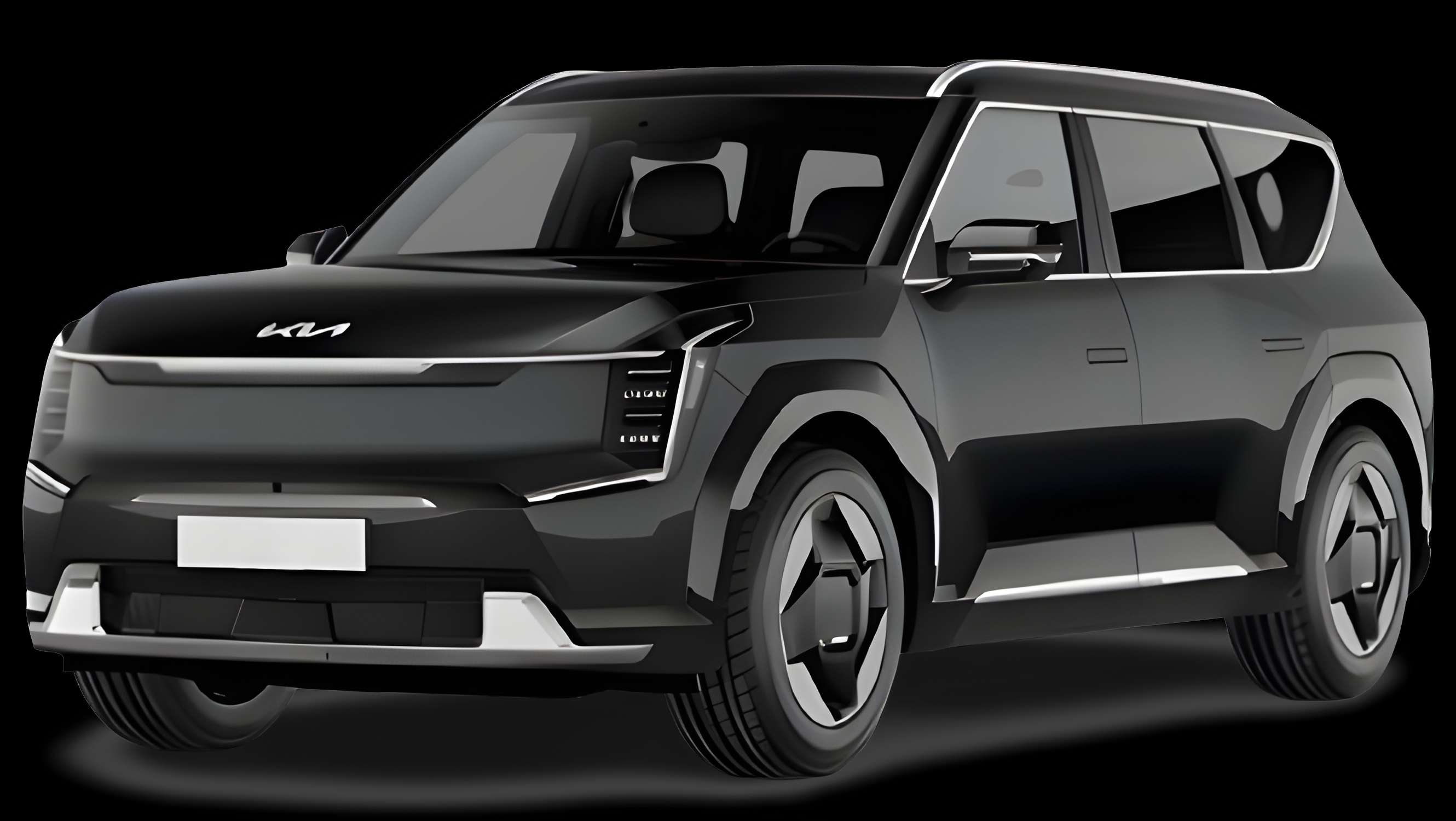 Schräge Frontansicht auf einen Kia EV9, freigestellt