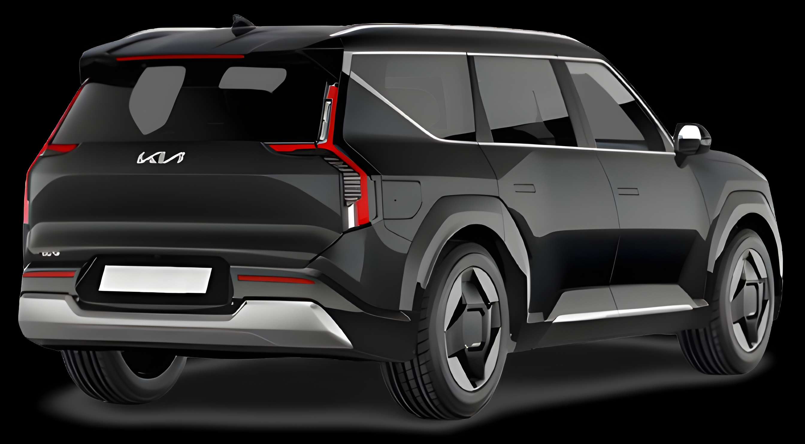 Schräge Heckansicht auf einen Kia EV9, freigestellt