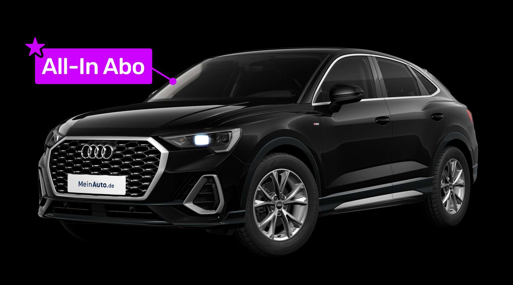 Schräge Frontansicht auf einen Audi Q3 Sportback, freigestellt