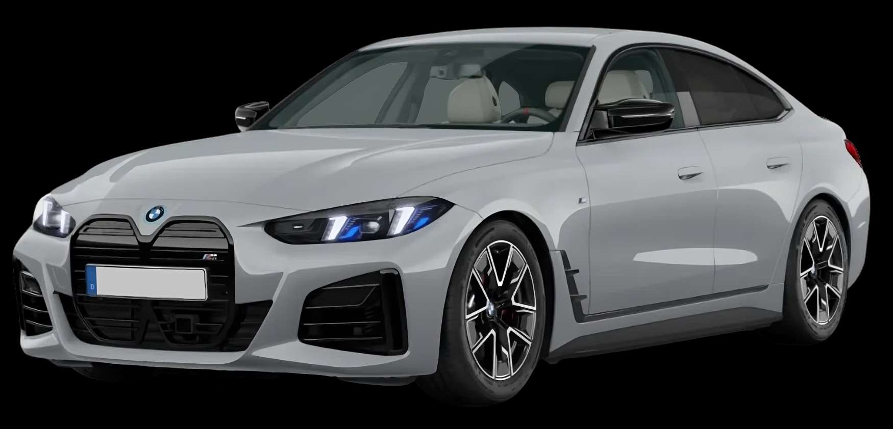 Schräge Frontansicht auf einen BMW i4, freigestellt