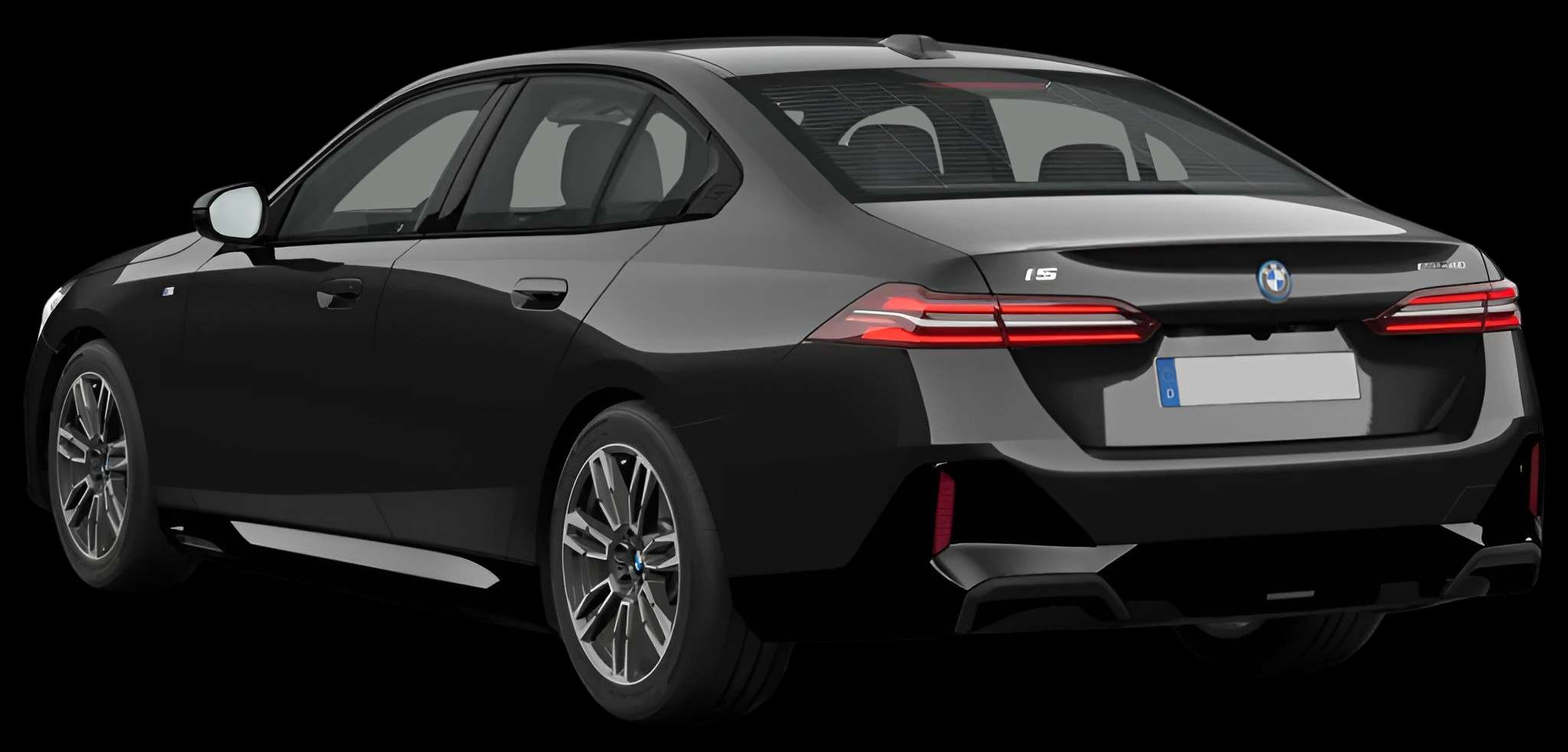 Schräge Heckansicht auf einen BMW i5, freigestellt