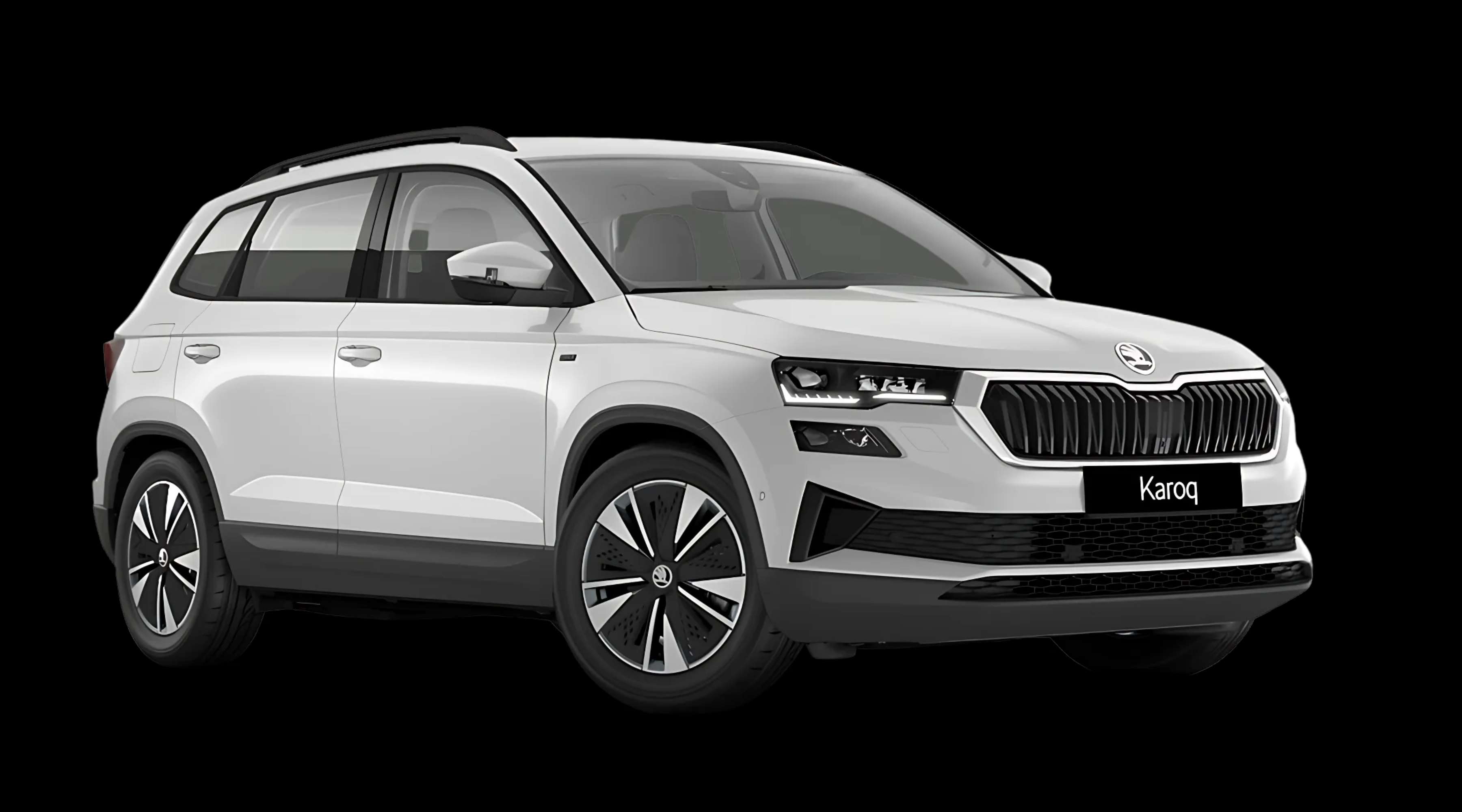 Schräge Frontansicht auf einen Skoda Karoq, freigestellt