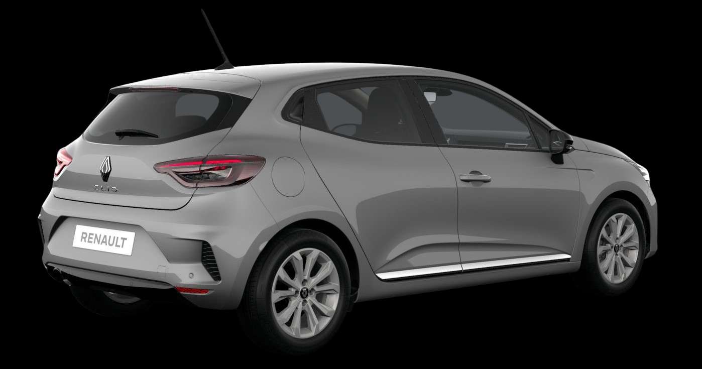 Schräge Heckansicht auf einen Renault Clio, freigestellt