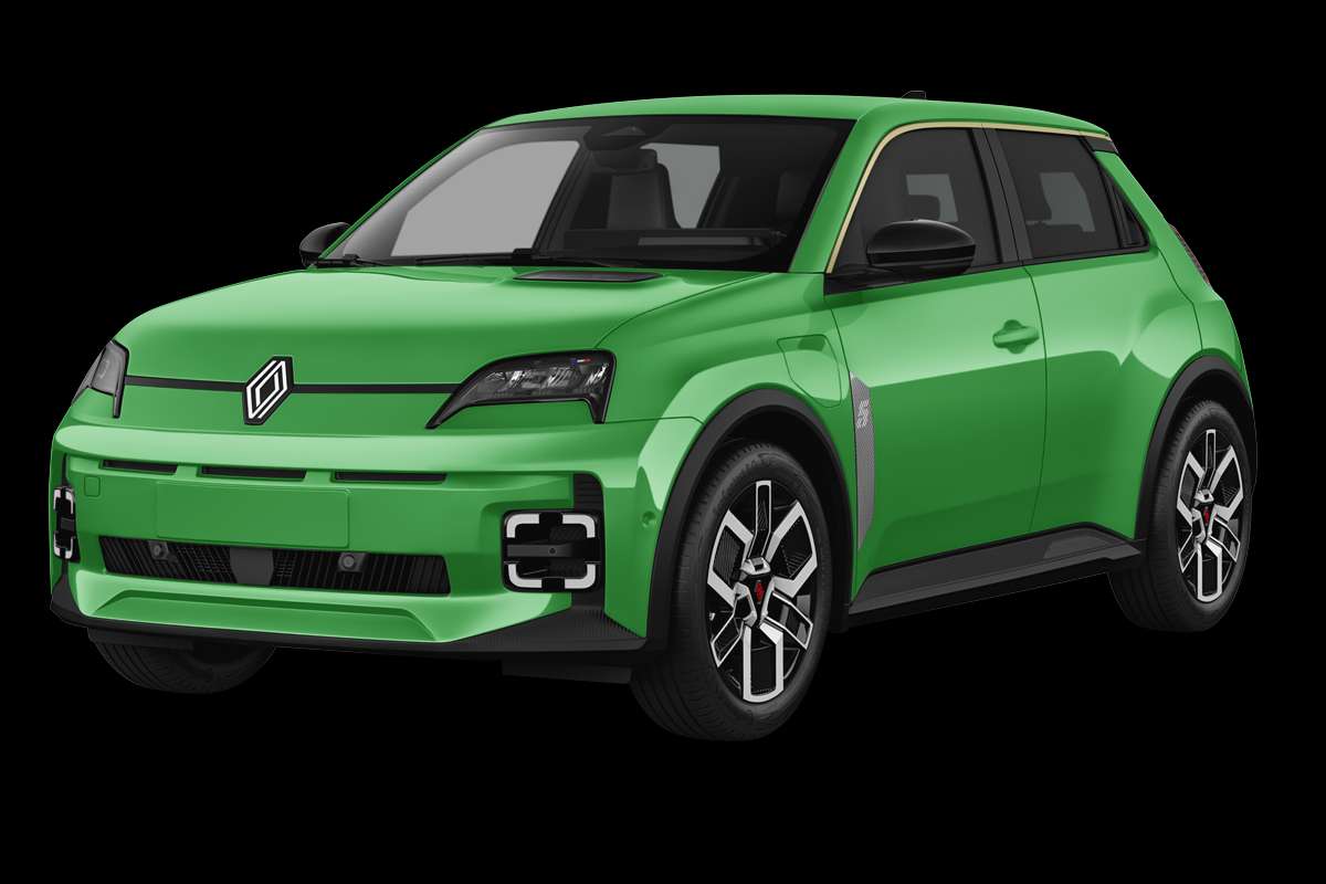 Schräge Frontansicht auf einen Renault 5 E-TECH, freigestellt