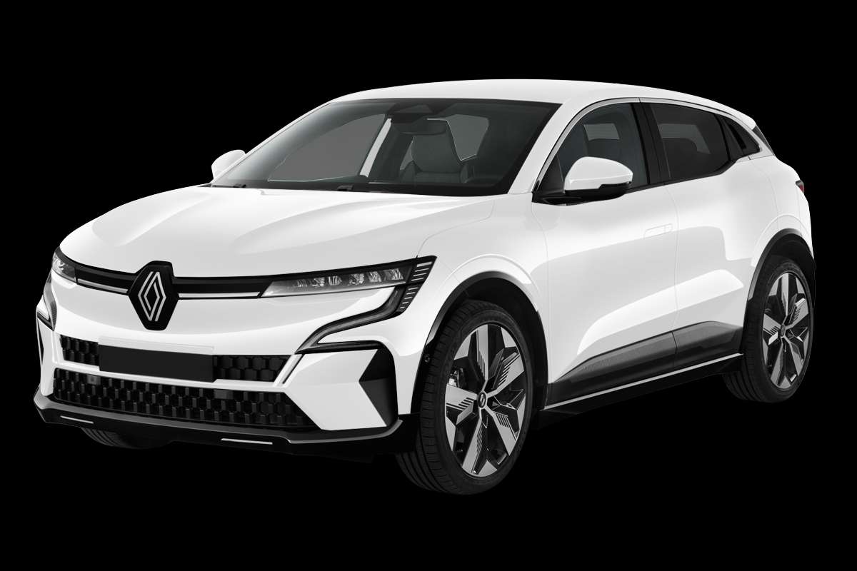 Schräge Frontansicht auf einen Renault Megane E-TECH, freigestellt