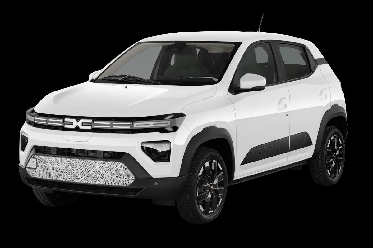 Schräge Frontansicht auf einen Dacia Spring, freigestellt