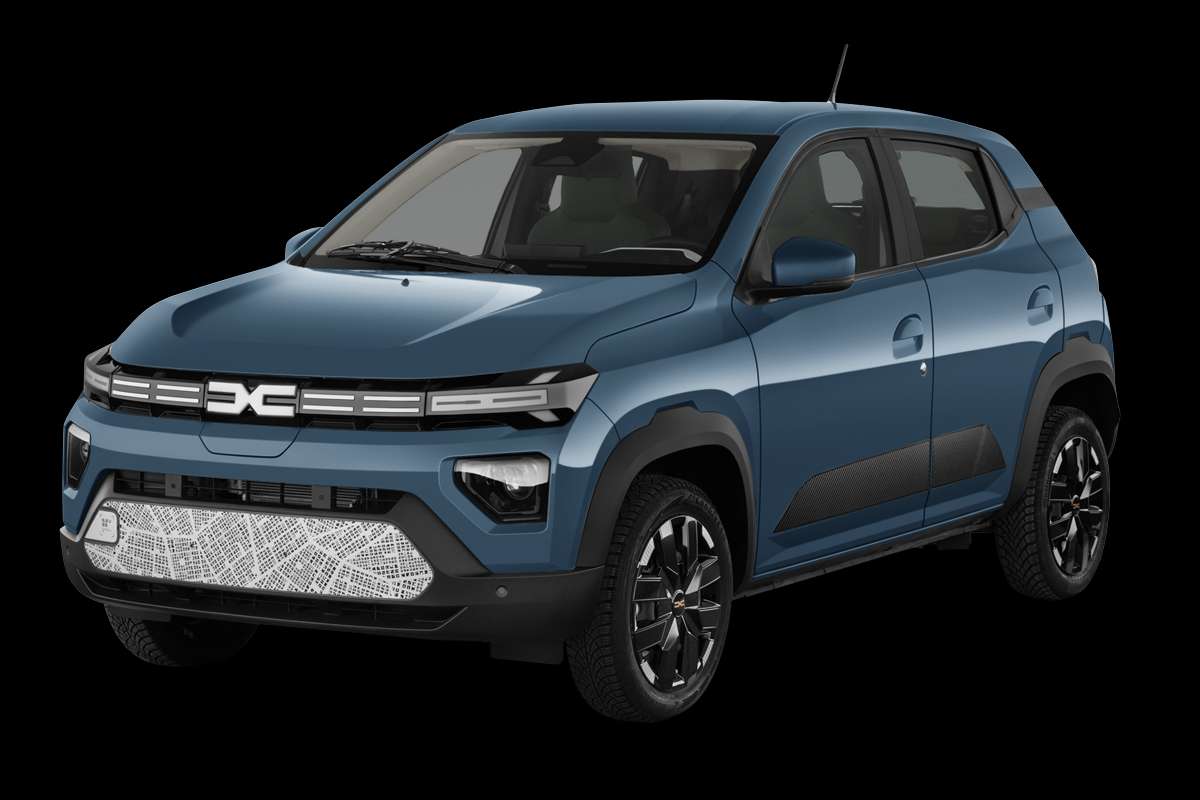 Schräge Frontansicht auf einen Dacia Spring, freigestellt
