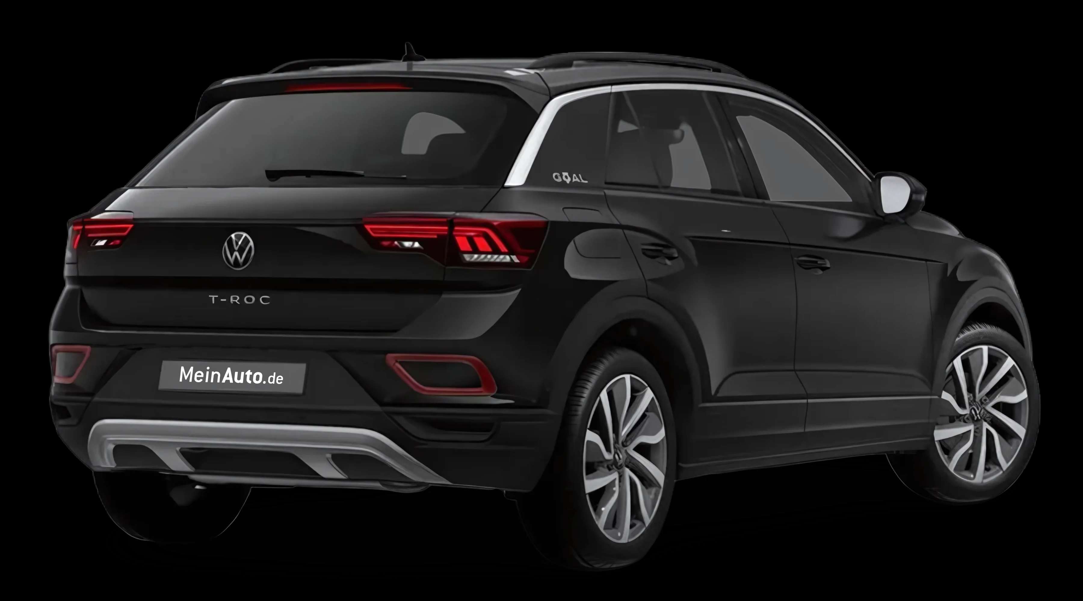 Schräge Heckansicht auf einen Volkswagen T-Roc, freigestellt