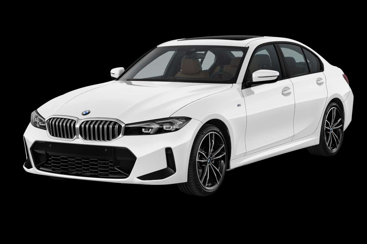 Schräge Frontansicht auf einen BMW 3er-Reihe, freigestellt