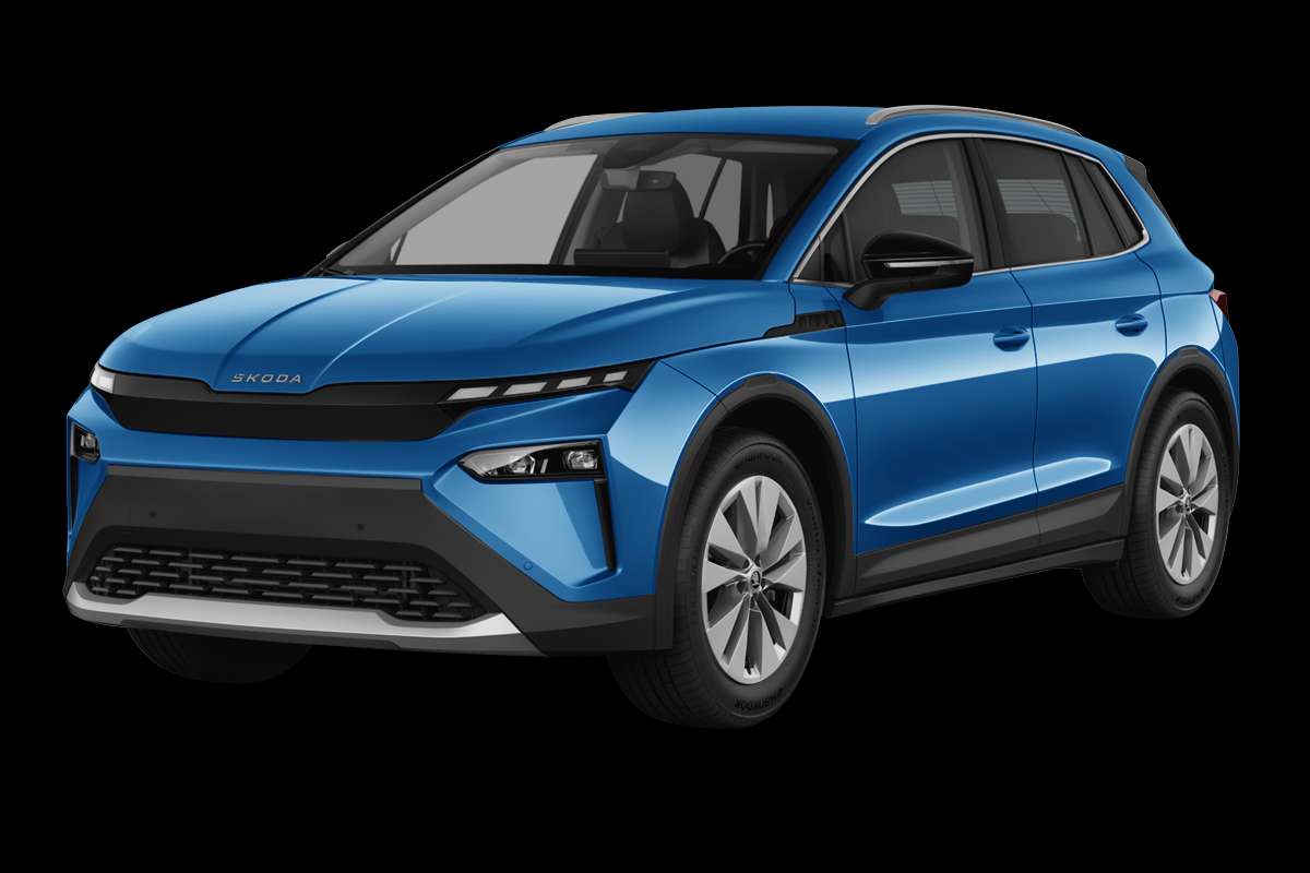 Schräge Frontansicht auf einen Skoda ELROQ, freigestellt