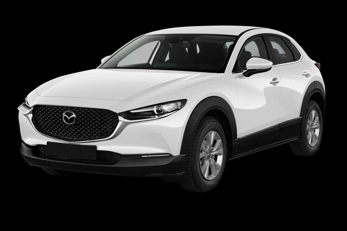 Schräge Frontansicht eines Mazda CX-30, freigestellt