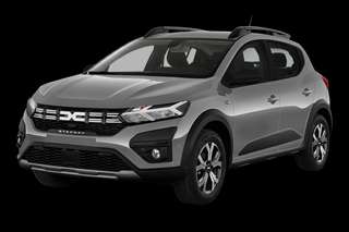 Schräge Frontansicht auf einen Dacia Sandero Stepway Essential, freigestellt