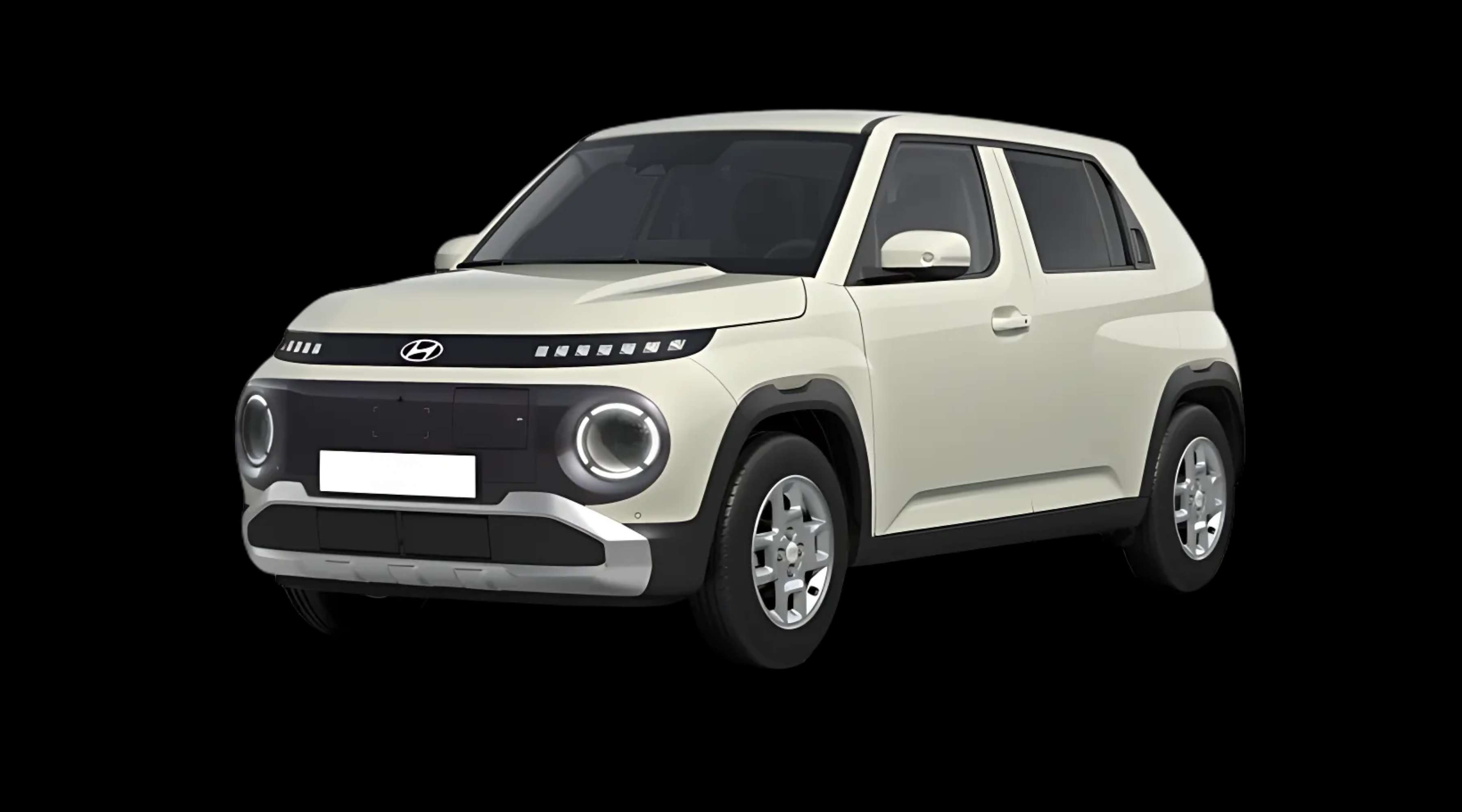 Schräge Frontansicht auf einen Hyundai Inster, freigestellt