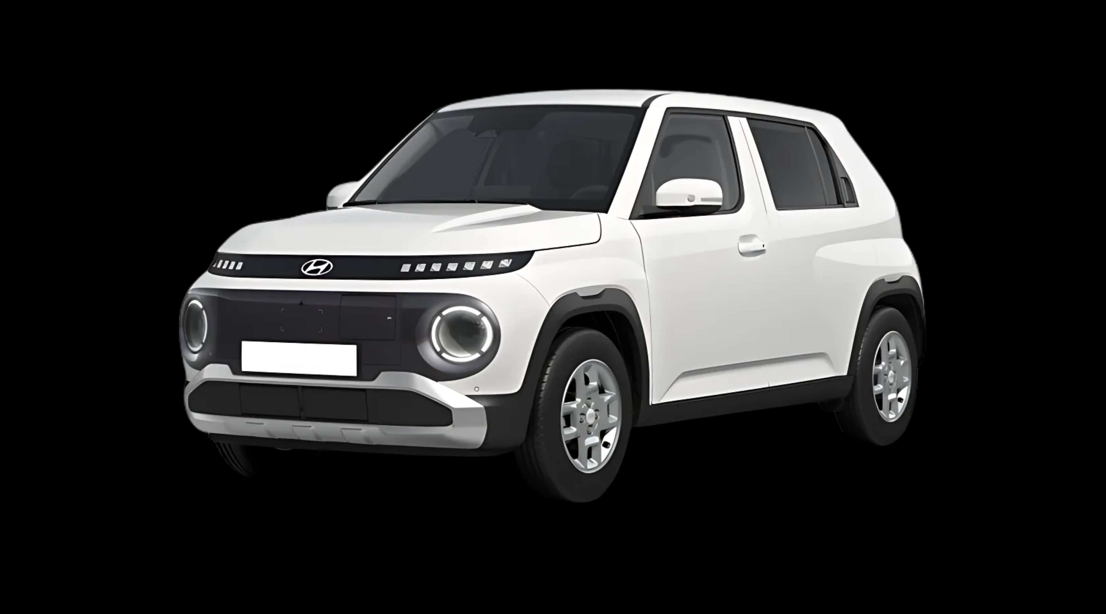 Schräge Frontansicht auf einen Hyundai Inster, freigestellt
