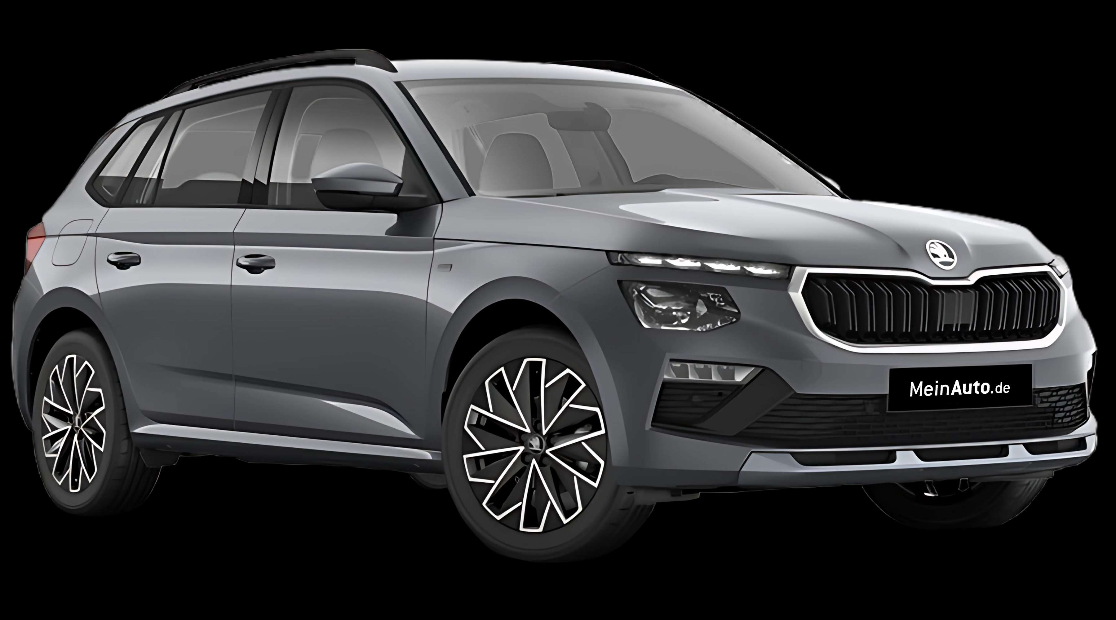 Schräge Frontansicht auf einen Skoda Kamiq, freigestellt
