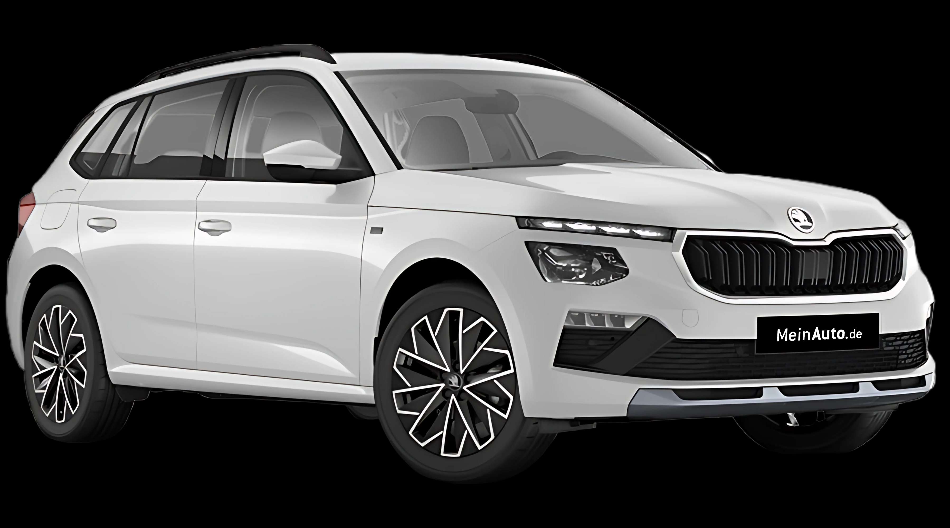 Schräge Frontansicht auf einen Skoda Kamiq, freigestellt