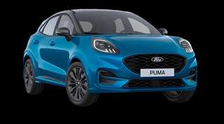 Schräge Frontansicht auf einen Ford Puma Sound Edition, freigestellt