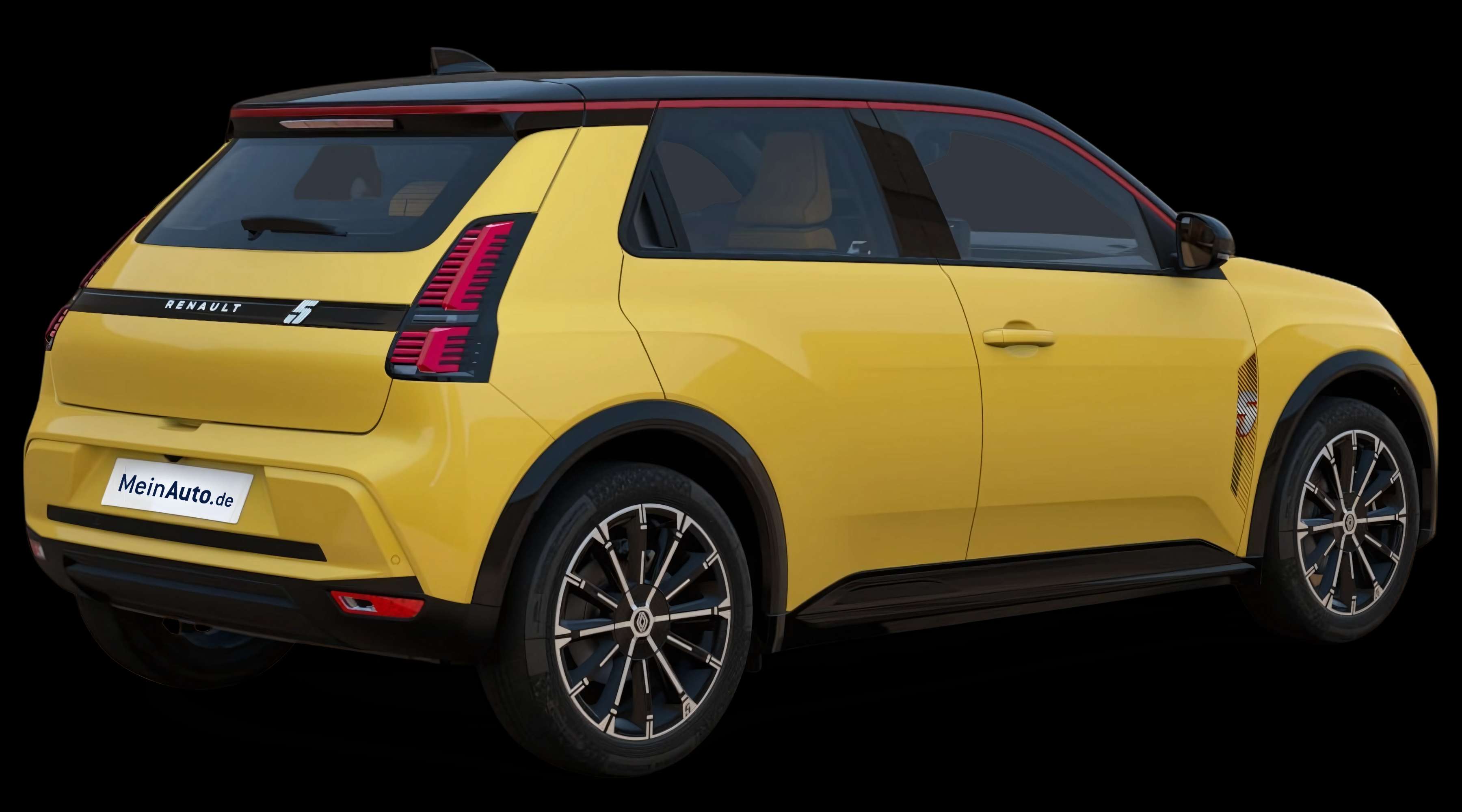 Schräge Heckansicht auf einen Renault 5 E-TECH, freigestellt