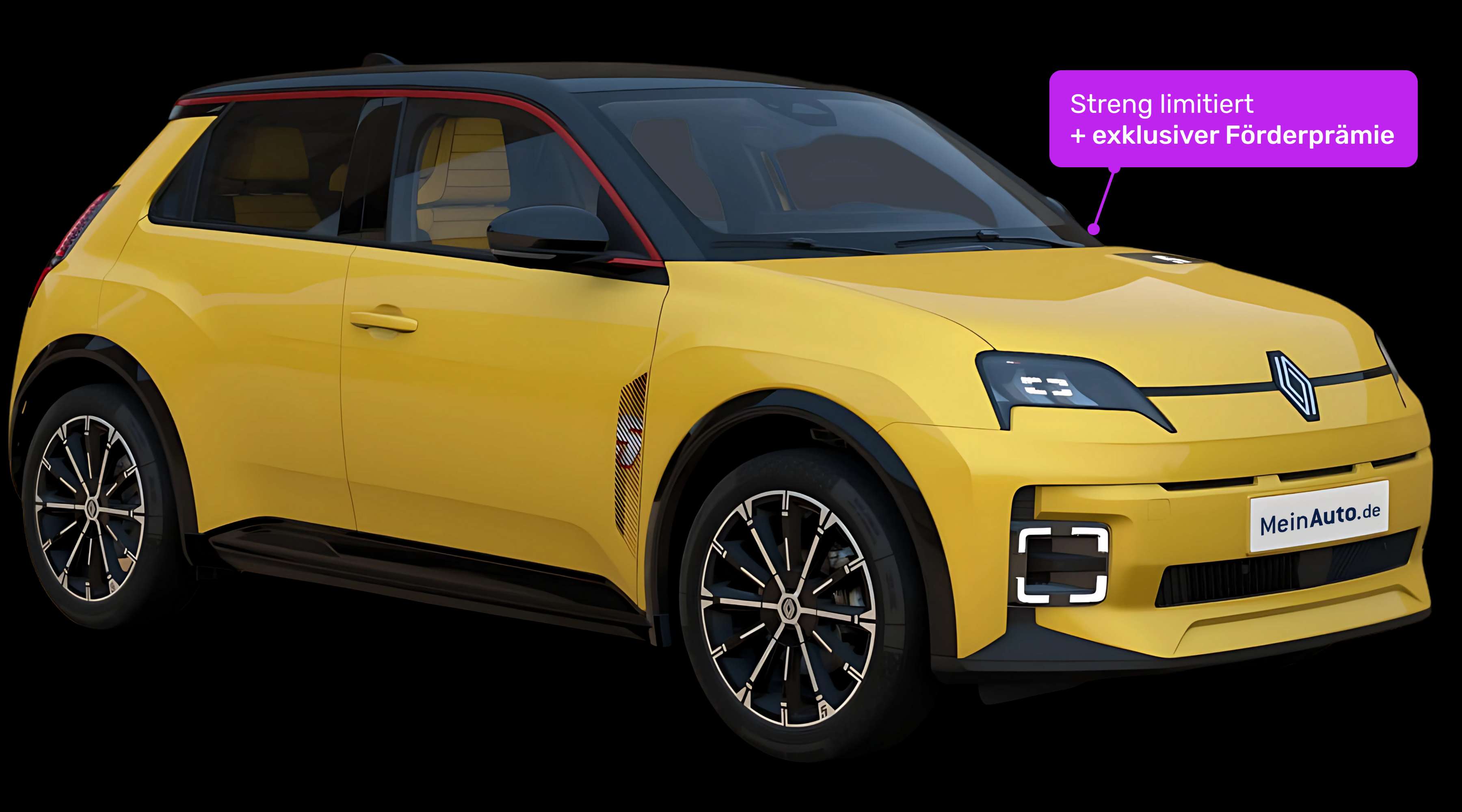Schräge Frontansicht auf einen Renault 5 E-TECH, freigestellt