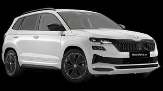 Schräge Frontansicht auf einen Skoda Karoq Sportline, freigestellt