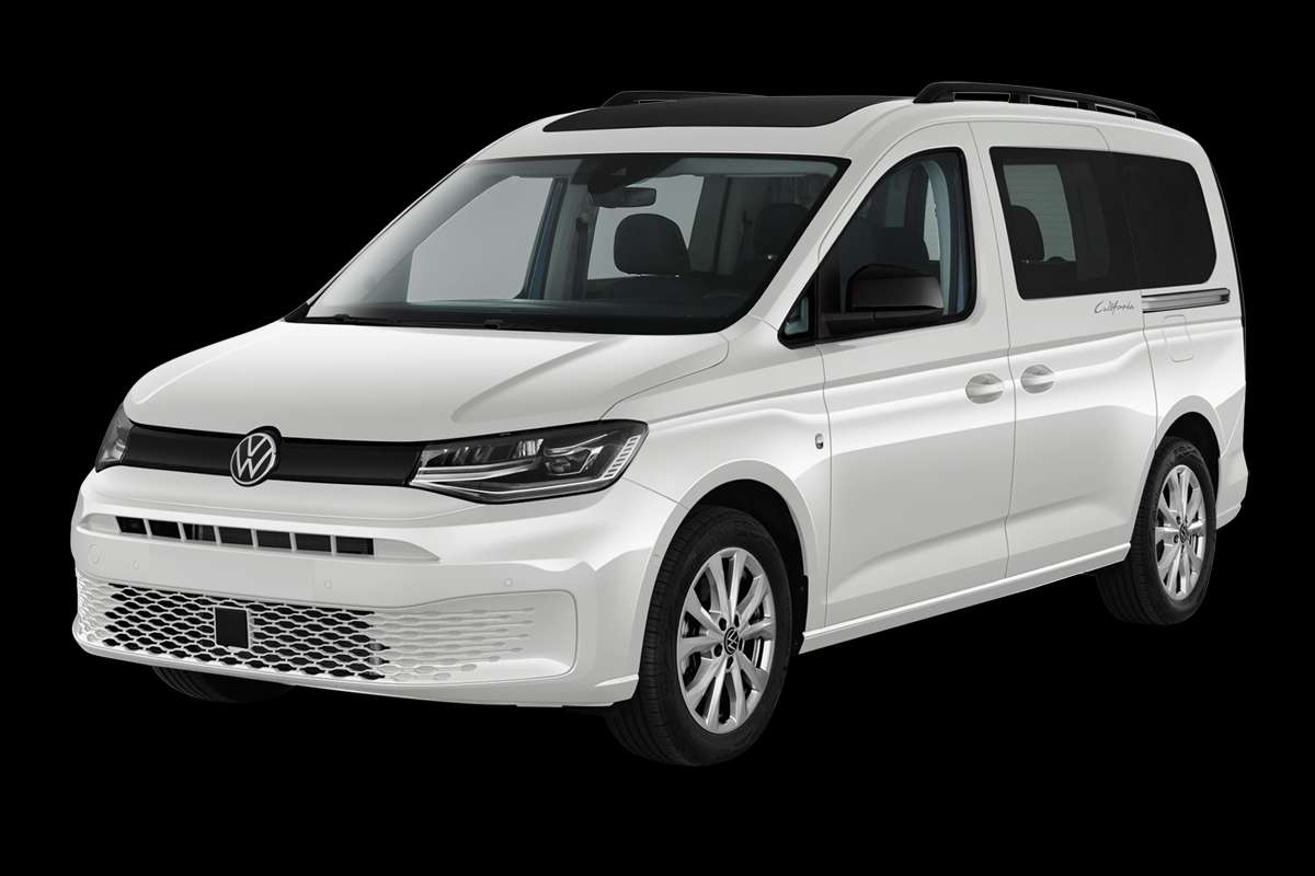 Schräge Frontansicht auf einen Volkswagen Caddy, freigestellt