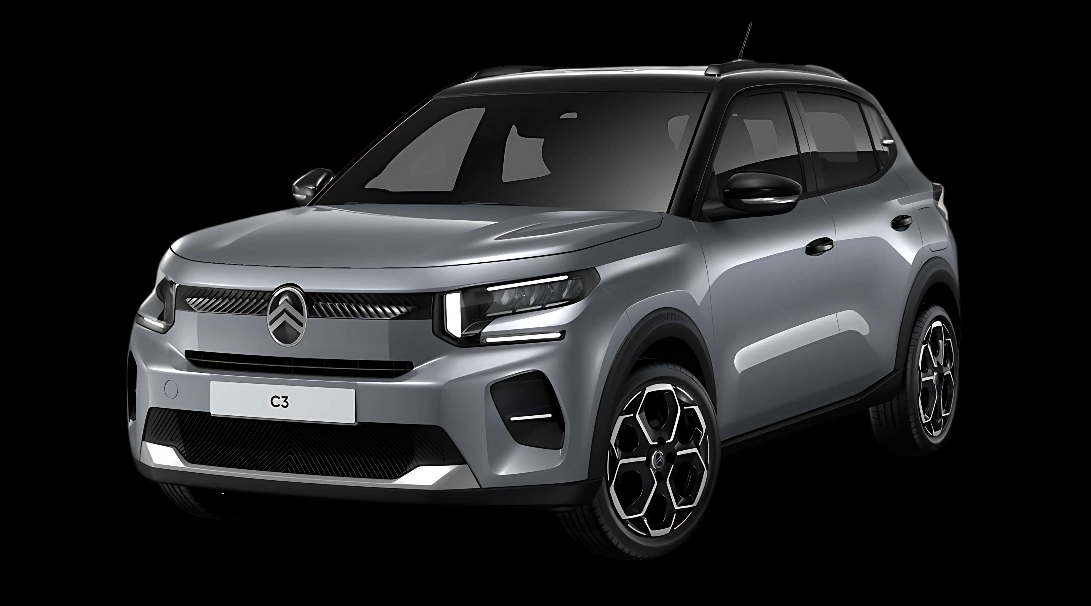 Schräge Frontansicht auf einen Citroën C3, freigestellt