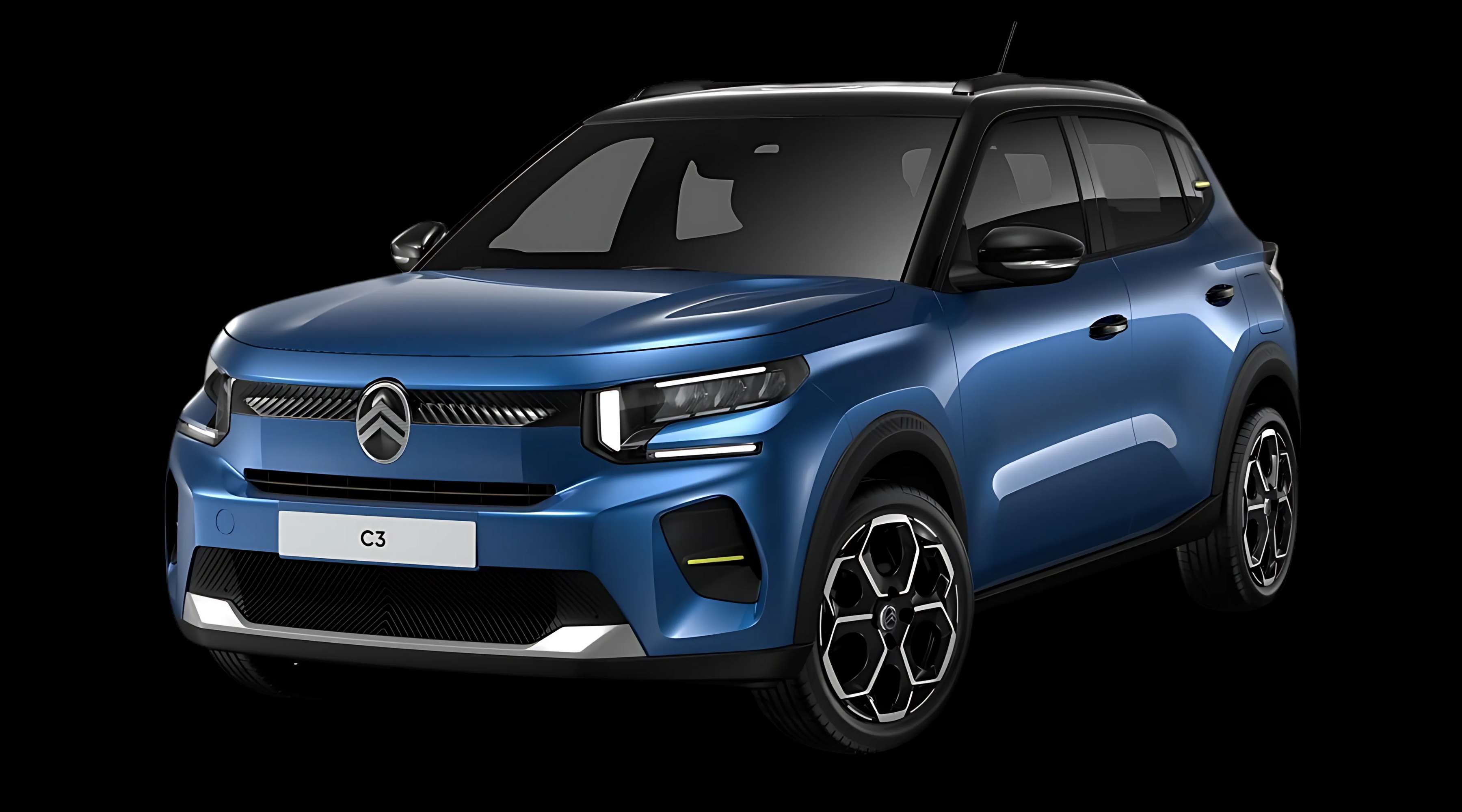 Schräge Frontansicht auf einen Citroën C3, freigestellt