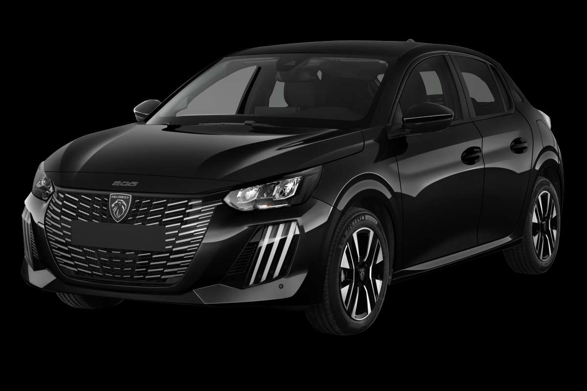 Schräge Frontansicht auf einen Peugeot 208, freigestellt