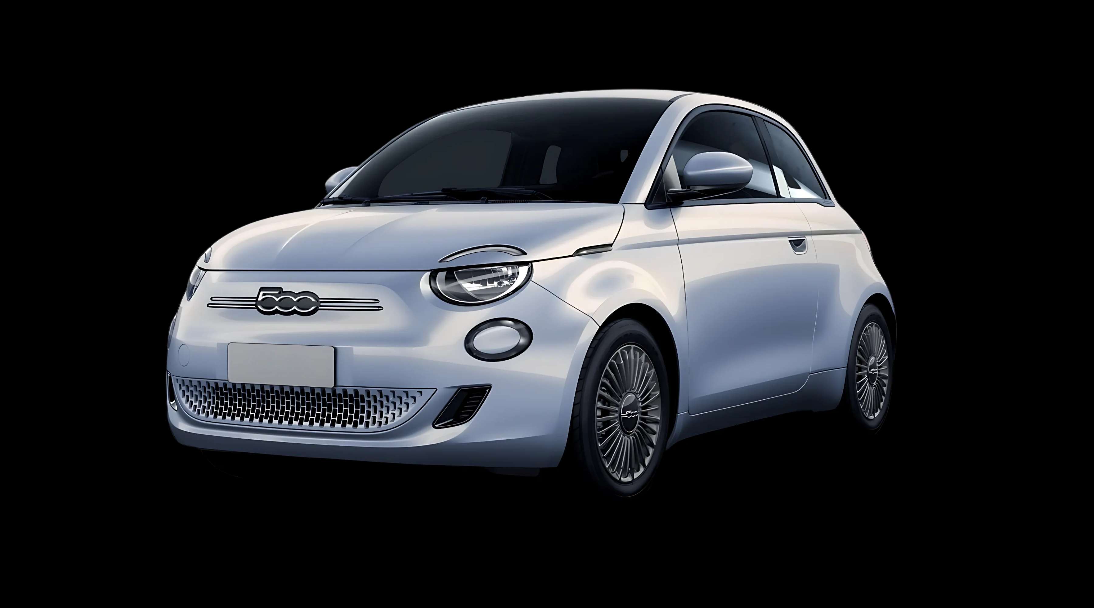 Schräge Frontansicht auf einen Fiat 500 Elektro, freigestellt