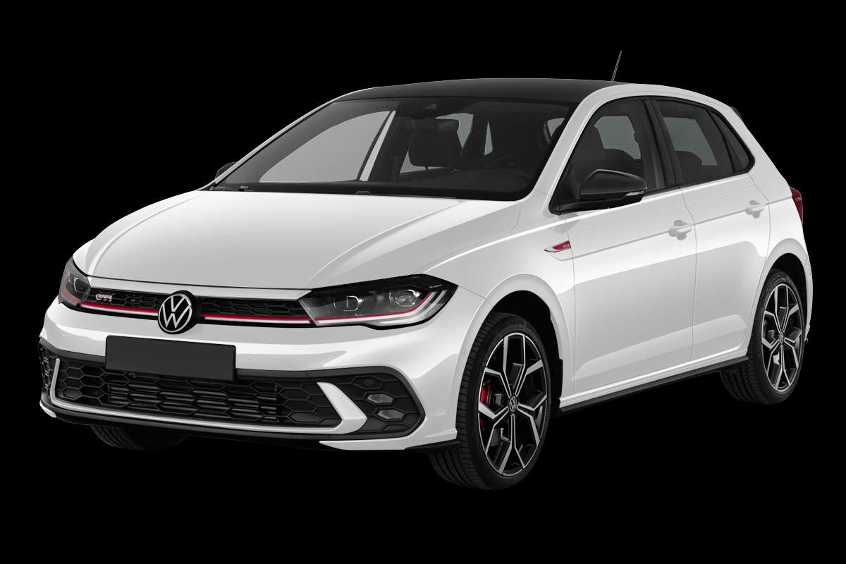 Schräge Frontansicht auf einen Volkswagen Polo, freigestellt