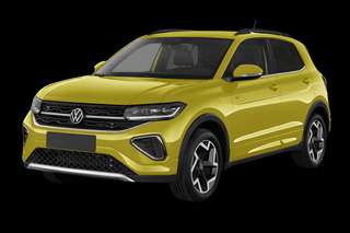 Schräge Frontansicht auf einen Volkswagen T-Cross Style, freigestellt