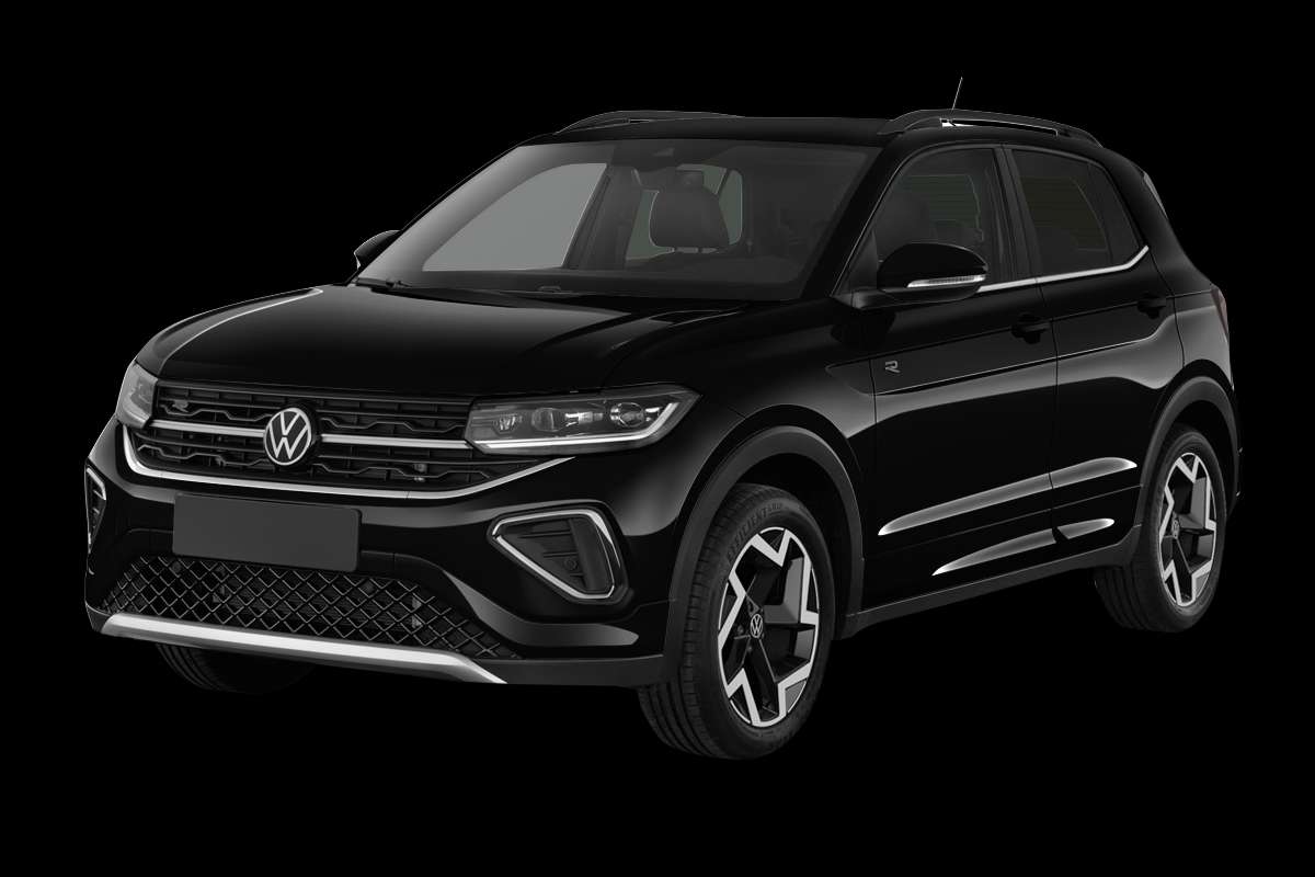 Schräge Frontansicht auf einen Volkswagen T-Cross, freigestellt