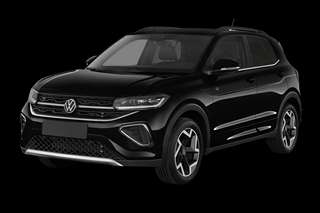 Schräge Frontansicht auf einen Volkswagen T-Cross Style, freigestellt