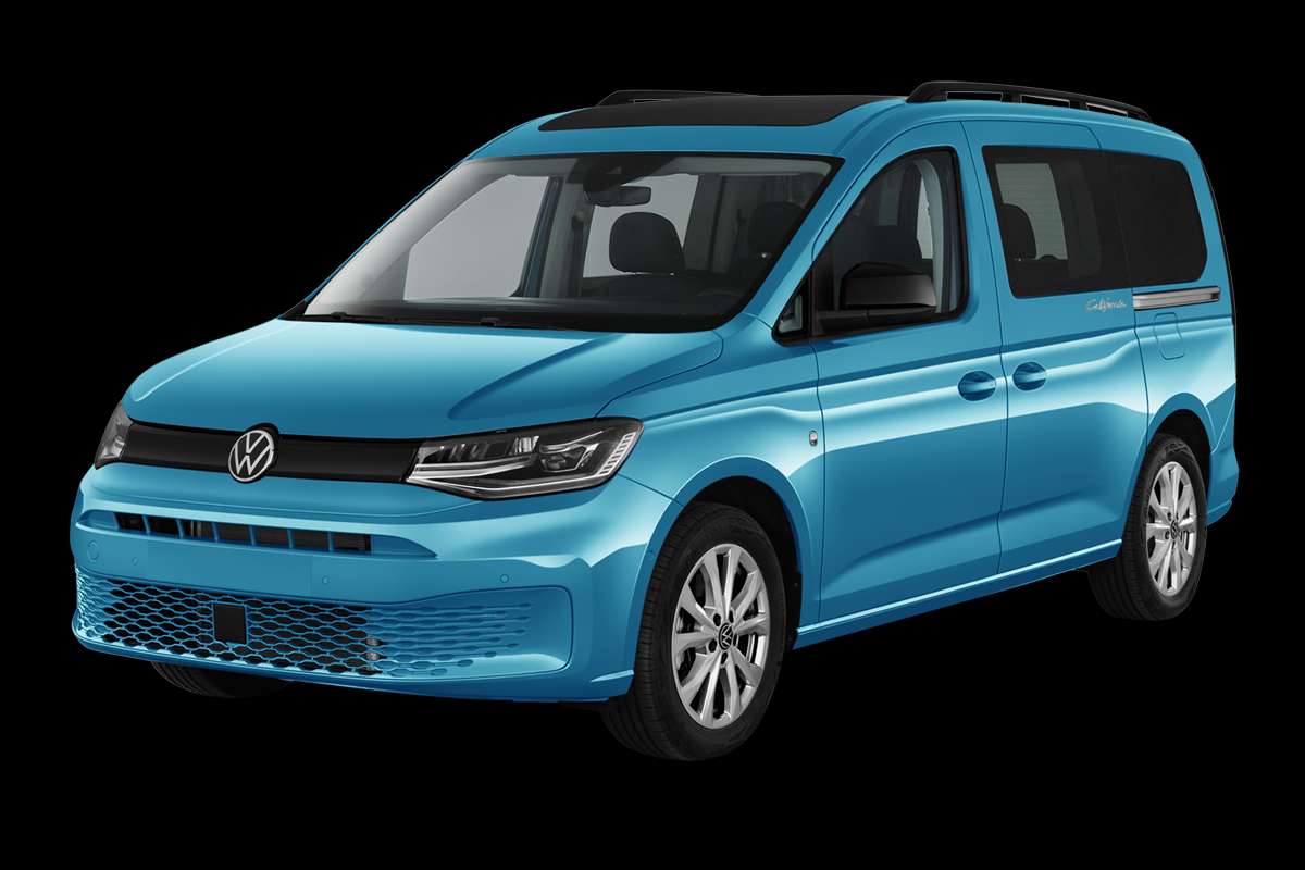 Schräge Frontansicht auf einen Volkswagen Caddy, freigestellt