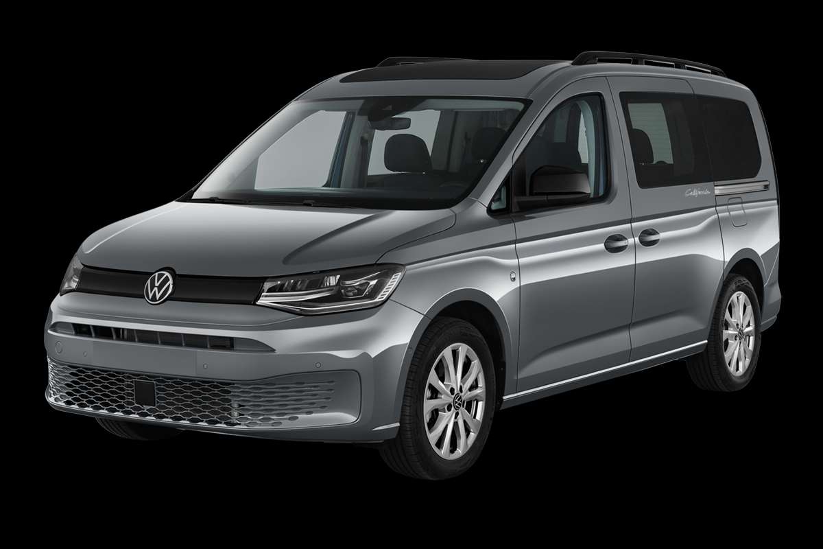 Schräge Frontansicht auf einen Volkswagen Caddy, freigestellt