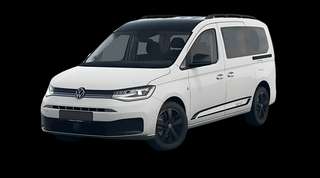 Schräge Frontansicht auf einen Volkswagen Caddy Edition Maxi, freigestellt